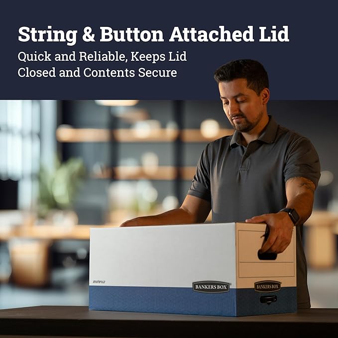 Bankers Box Liberty Heavy-Duty Storage Boxes, FastFold, String and Button, Legal, 4 Pack (0001203), White/Blue