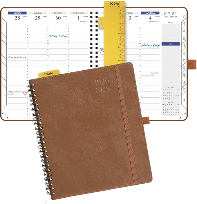 POPRUN 2026-2027 Academic Weekly Planner, 7" x 8.5", July 2026 to June 2027, Spiral Bound Notebook with Vertical Layout, Hourly Time Slots, PU Leather Softcover, Inner pocket - Brown