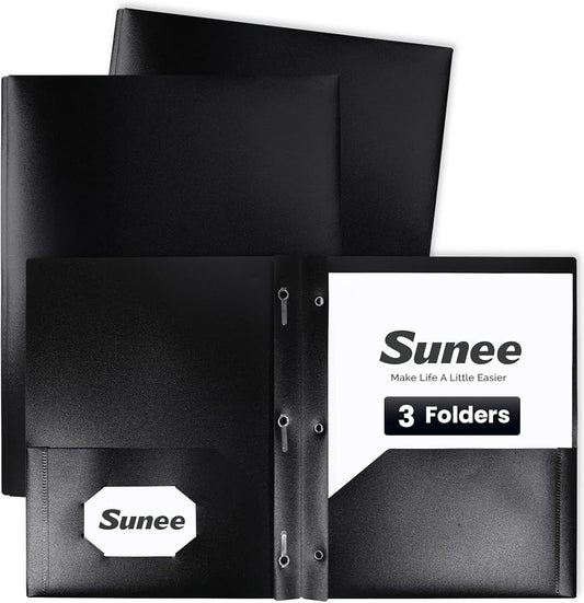SUNEE 2 Pocket Folders with Prongs (3 Pack, Black) Plastic Folders with Pockets and Prongs Fit Letter Size, Poly Folders with Pockets for School Office Home Business