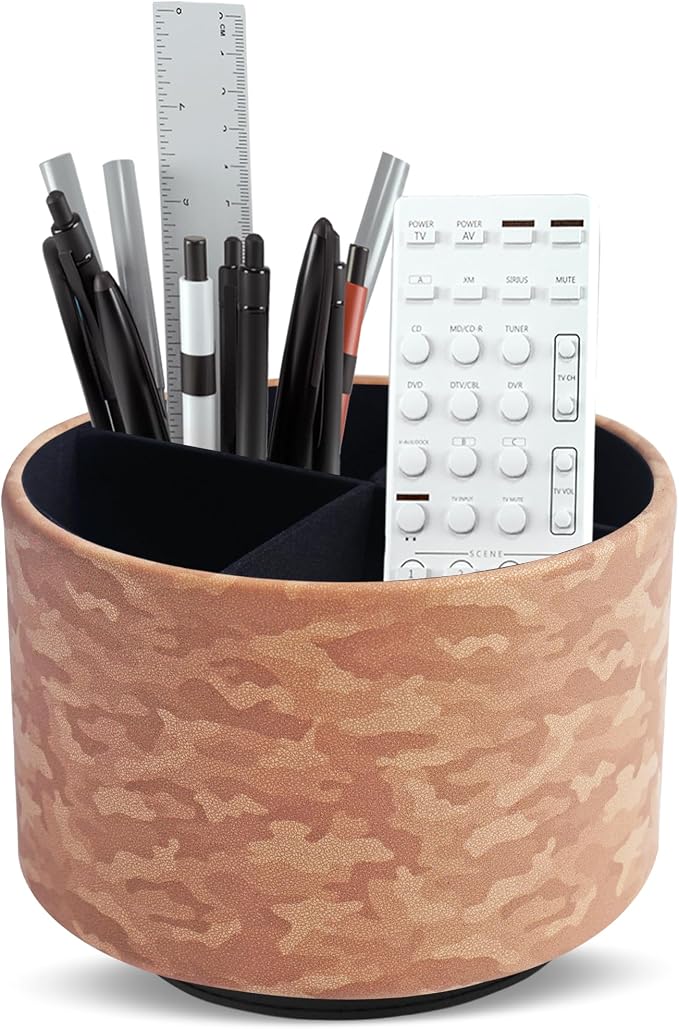 Round Leather Art Supply Organizer,Remote Control Holder,360 Degree Rotating,Multi-Functional Pencil Holder,4 Compartments Desktop Stationary Organizer(1-Camouflage Brown)
