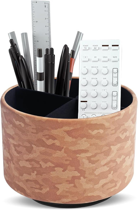 Round Leather Art Supply Organizer,Remote Control Holder,360 Degree Rotating,Multi-Functional Pencil Holder,4 Compartments Desktop Stationary Organizer(1-Camouflage Brown)