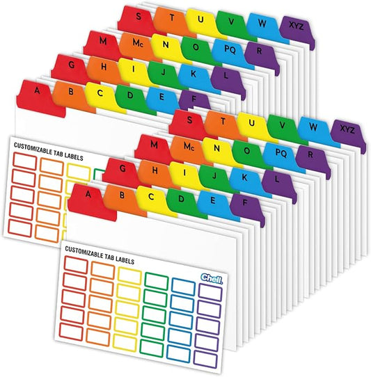 Chell 3x5 Index Card Dividers, Heavyweight A-Z Tabbed Guides, 110 lb. Cover Weight, with Blank Stickers, 2 Sets
