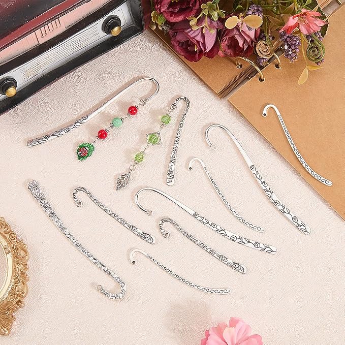 20Pcs Metal Bookmark s Antique Vintage Silver Metal Bookmark Hairpin with Hole Tibetan Carving Pattern Alloy Book Markers Jewelry Making Charms for Stationery Reading Enthusiasts