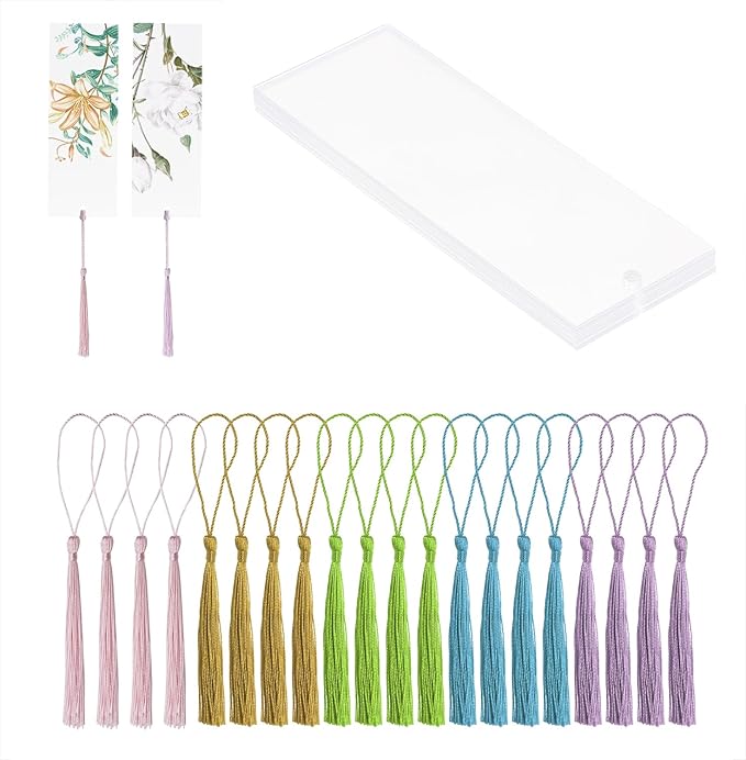 Blank Clear Acrylic Bookmakrs 20Pcs Plastic Craft Transparent Acrylic Bookmakrs with 20Pcs Small Bookmakrs Tassels for DIY Projects and Graduation Gift Tag (Large Rectangle)