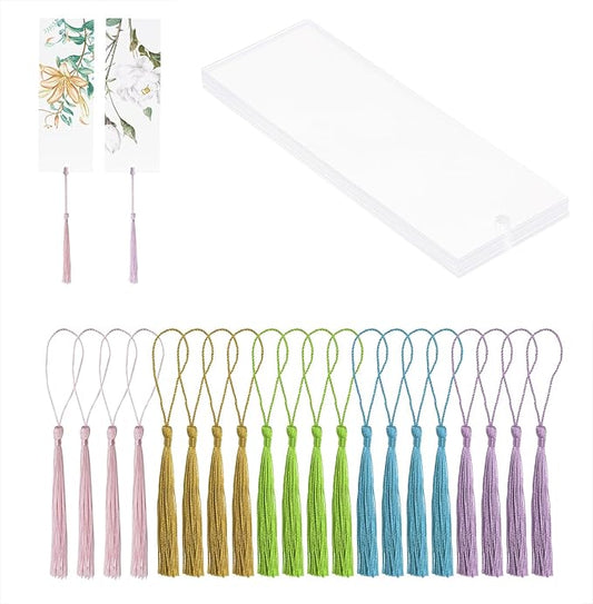 Blank Clear Acrylic Bookmakrs 20Pcs Plastic Craft Transparent Acrylic Bookmakrs with 20Pcs Small Bookmakrs Tassels for DIY Projects and Graduation Gift Tag (Large Rectangle)
