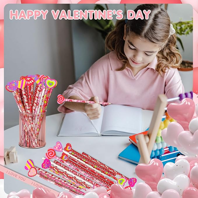 36 Pieces Valentine's Day Pencils Valentines Pencils with Giant Eraser Assortment Valentines Day Stationery Pencil,12 Style(36)
