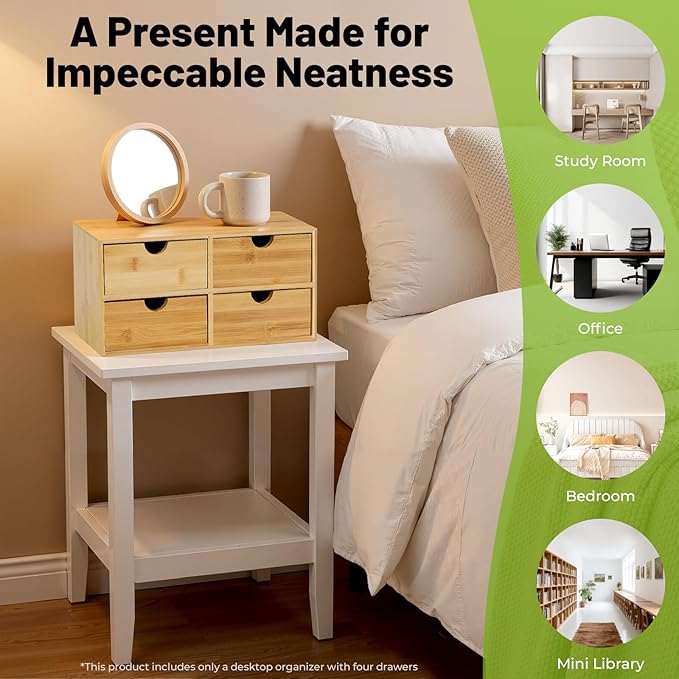 Desk Organizer, Office Vanity Bamboo Desk Organizer, Mini Bamboo Desk Drawer Tabletop Storage Box with 4 Drawer Night Stand Table Organizer for Makeup Vanity Office Supplies (4 Drawer)