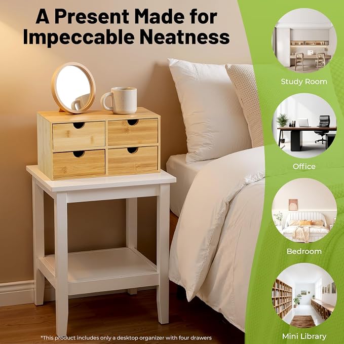 Desk Organizer, Office Vanity Bamboo Desk Organizer, Mini Bamboo Desk Drawer Tabletop Storage Box with 4 Drawer Night Stand Table Organizer for Makeup Vanity Office Supplies (4 Drawer)
