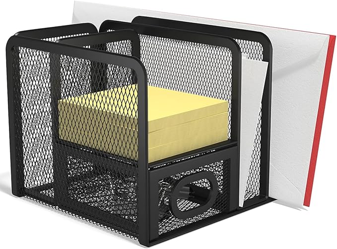1InTheOffice 5 Compartment Wire Mesh Accessory Holder, Mesh Desk Organizer, Organizer for Desk, Matte Black, 1 Pack