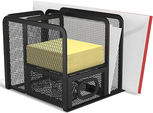 1InTheOffice 5 Compartment Wire Mesh Accessory Holder, Mesh Desk Organizer, Organizer for Desk, Matte Black, 1 Pack