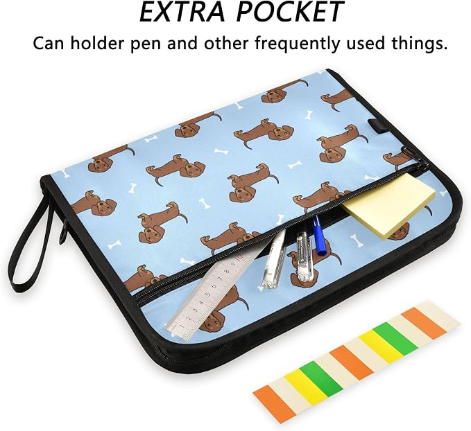 Dachshund Dog Cartoon File Folders,Plastic Folders with 13 Pockets,Expandable File Folder for Documents School Students Office,Aesthetic Folder with Labels A4 Letter Size