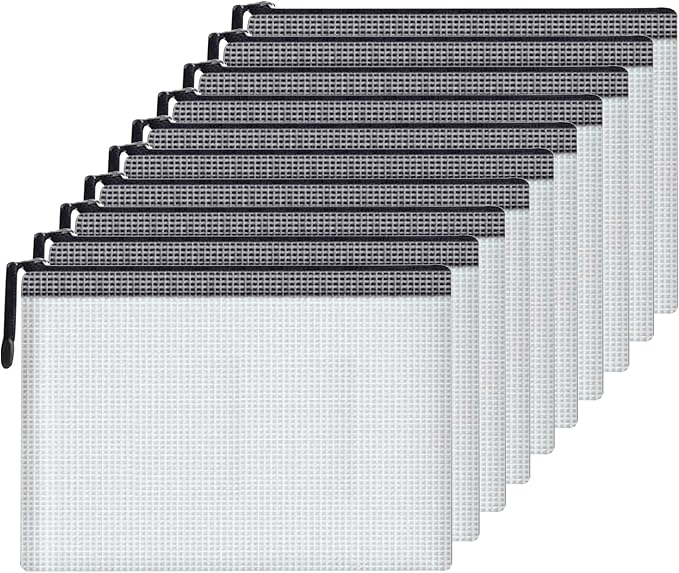 Mesh Document Bag Set of 10, Waterproof Zipper Pouch / A4 Size Zip File, for Household Daily Storage School Office M-D-2B (Black, B5 (11.26×7.9 Inch))