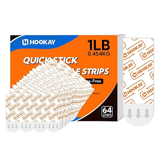 hookay Upgrade Small Adhesive Strips for Damage-Free Hanging, Removable Wall Hooks Strips, No Tools Indoor Adhesive Strips for Small Decor & Living Spaces, 64 White Strips