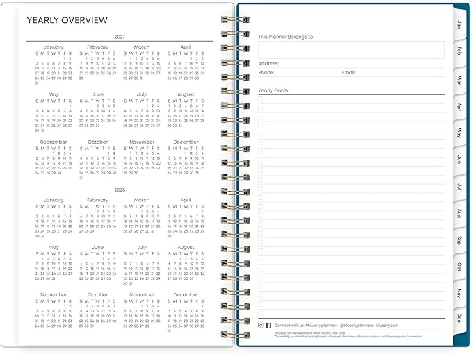 Blue Sky 2027 Weekly and Monthly Planner Calendar, January 2027 - December 2027, 5" x 8", Flexible Frosted Cover, Laminated Tabs, Durable Twin Wire Binding, Bakah Blue