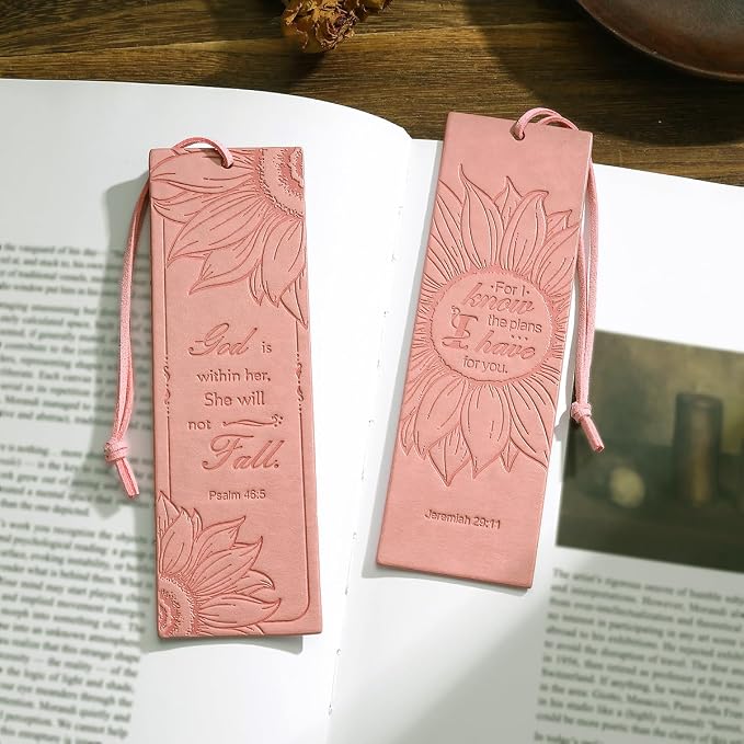 2 Pcs Sunflower Christian Leather Bookmarks for Women, Pink Christian Gifts for Women Book Marks for Reading Women (Pink)