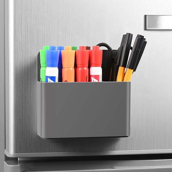 Grey Strong Magnetic Marker Holder/Dry Erase Pen Holder - Storage for Dry Erase Marker, Eraser, Bottle Opener, Remote Controls, Notes - Ideal for Magnetic Board, Fridge Door, and Locker
