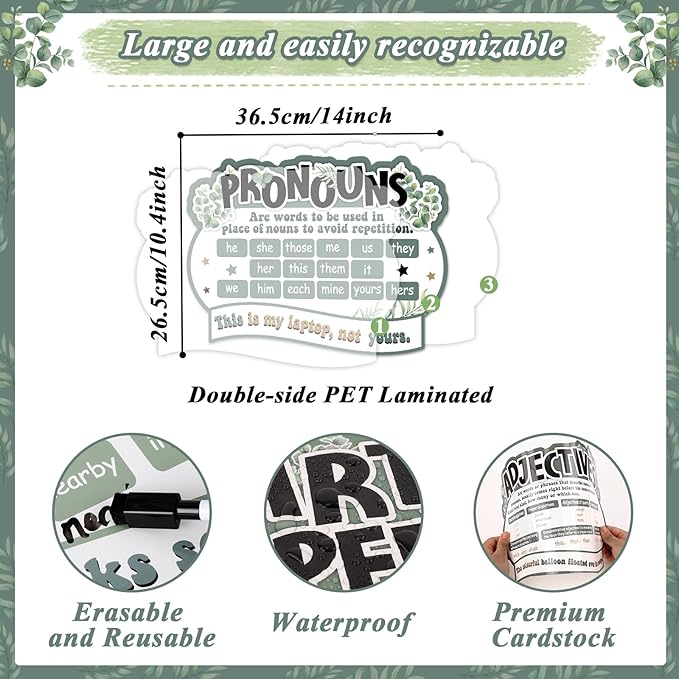 10Pcs Parts of Speech Posters for Classroom Decoration Eucalyptus Plants English Grammar Chart Language Bulletin Board Decor for Teacher Elementary Middle School Homeschool Educational Supplies