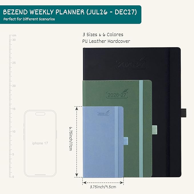 BEZEND Pocket Planner 2026-2027 Weekly and Monthly (3.75" x 6.75" Slim Size) 18-Month Academic Calendar Notebook (Jul 26-Dec 27), Ideal for Students & Professionals, PU Leather Hardcover -Gray
