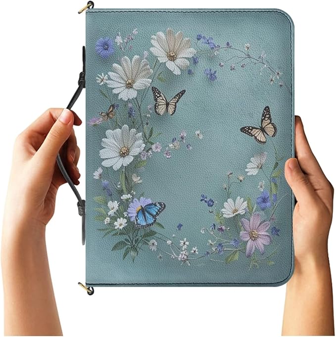 2XL Bible Bags for Women, Blue Bible Purse with Strap and Handle, Butterflies and Daisies Print PU Leather Book Holder with Inner Pockets and Pen Loop, Biblia Accessories Women