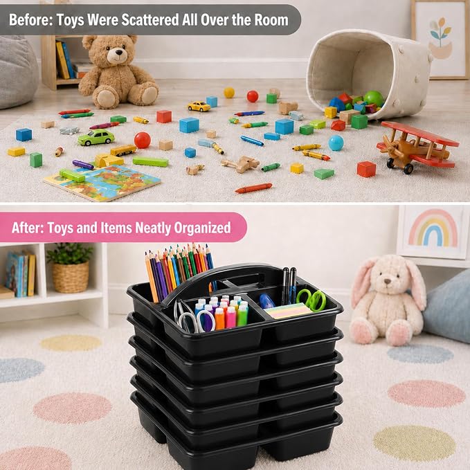 gisgfim 6 Pack Plastic Classroom Caddy with 4-Compartments Plastic Storage Caddies with Handle 4 Compartments Table Caddy Organizer Versatile Table Caddies for Classroom Office, Black