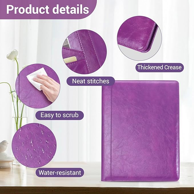 Professional Portfolio Binder, Faux Leather Padfolio for Resume, Note-Taking & Meetings, A4 Letter Writing Pad Holder for Women & Men (Purple)