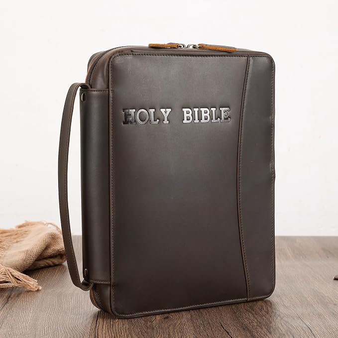 Polare Full Grain Leather Holy Bible Cover Church Bag 11x8.25x2.25 inch Bible Carrying Book Case Protective Organizer Holder