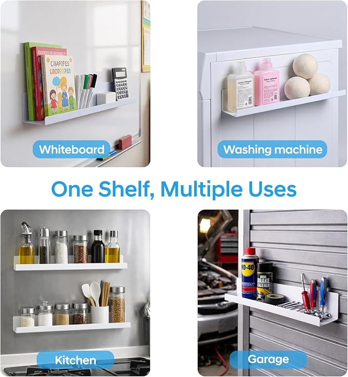 2 Pack 17" Metal Magnetic Bookshelf for Whiteboard, Strong Reusable Magnetic Display Shelf, Holds up to 12 lbs, Storage Organizer for Classroom, Kids Room, Office, Kitchen & Garage