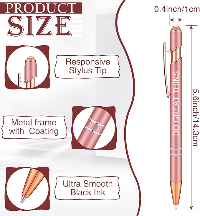 Zonon 12 Pcs Inspirational Pens Gift Set Funny Ballpoint Pen with Stylus Tip Motivational Graduation Gifts Bulk for Teacher Coworkers Nurse School Office Supplies(Rose Gold,Motivational Style)