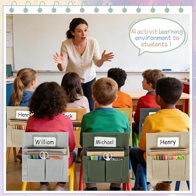 gisgfim 12 Pcs Small Chair Pockets for Classroom 13 x 14 Inch Bag with Name Tag Multi Pockets Chairsback Pouch Organizer for Student Kindergarten Elementary Daycare (Earth Color)