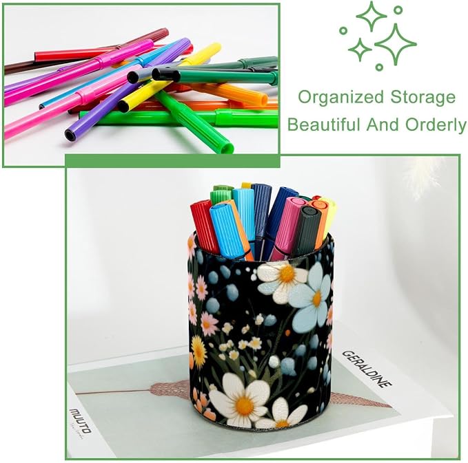 Pen Holder for Desk, Seamless Flowers Colorful Pattern Leather Pencil Cup for Desk, Round Pencil Holder Desk Organizer for Home, School, Office, Classroom