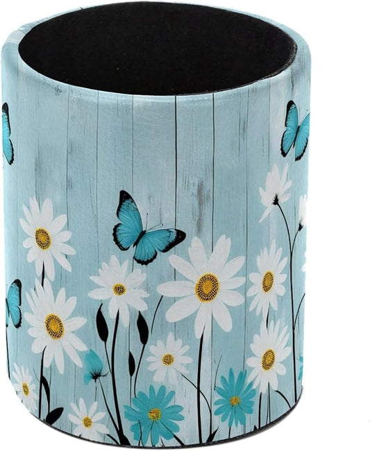 Daisy Floral Butterfly Rustic Plank Pen Holder Pencil Organizer Cute Pencil Cup Desk Decor Makeup Brush Holder PU Multifunctional Office Supplies for Home Classroom School