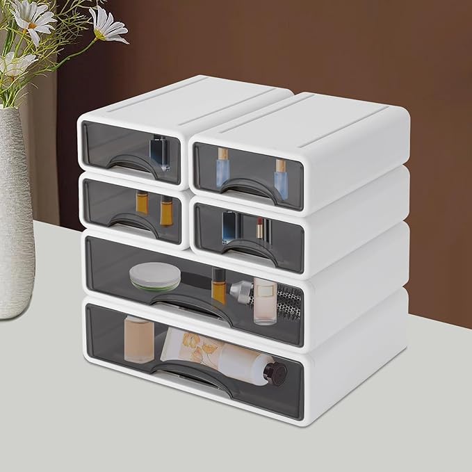 6 Pcs Desk Organizer Office Storage Box with 6 Drawers Plastic Drawers Organizer Stackable Storage Drawers for Office Supplies, Pencils, Markers, Tape, Erasers, Paperclips, White