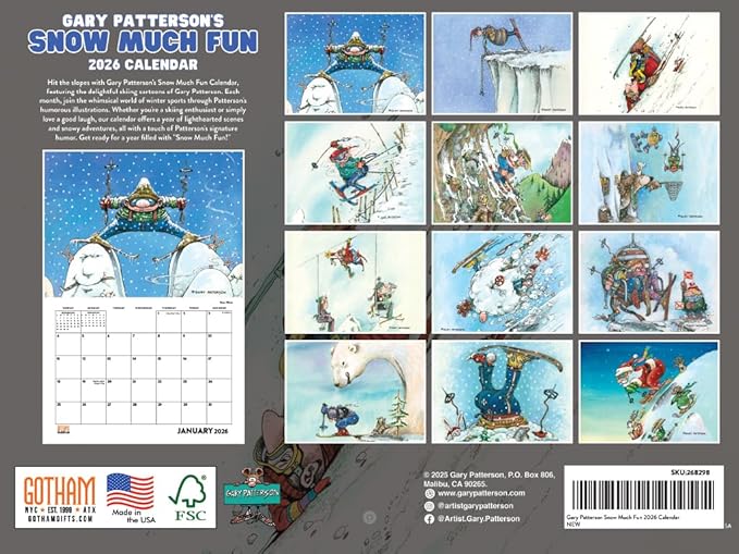 Gary Patterson Ski Calendar 2026 Skiing Monthly Wall Calender 12 Month | American Made In The USA