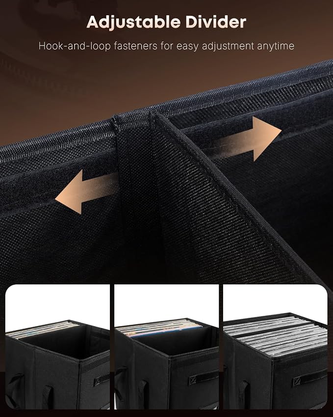 Uniclife Vinyl Record Storage Box, Collapsible LP Storage Organizer with Lid & Handles, Splash-Resistant Album Storage Crate for 80 Single Records (12"), Black Vinyl Record Holder, 13" × 13" × 13"