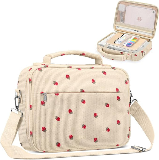 FINPAC Large Bible Cover w/Shoulder Strap, Carrying Book Case Church Bag Bible Protective w/Pen Slots and Zippered Pocket, Gift for Women Lady, Corduroy Strawberry