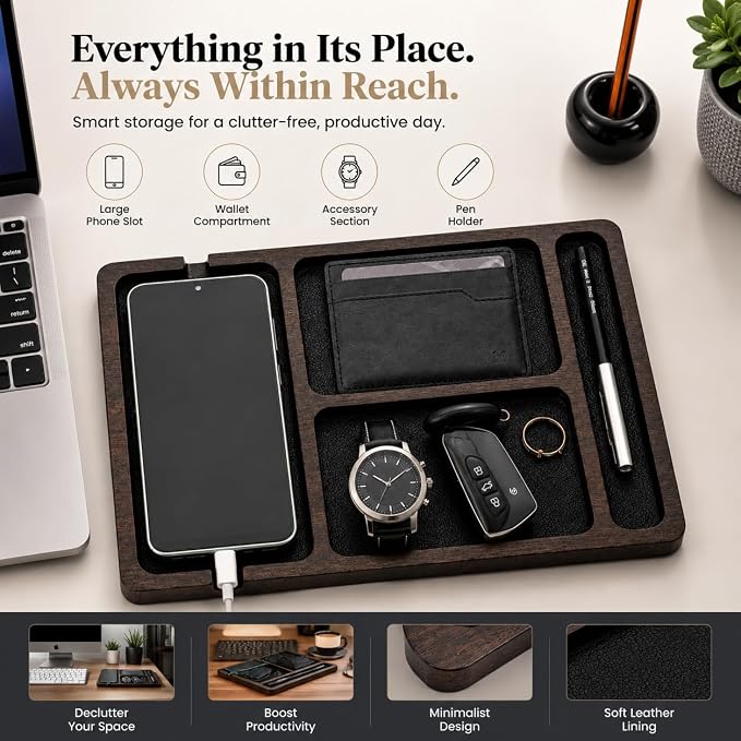 Desk Organizer Tray for Men with Ceramic Pen Holder, Wooden Valet Tray, Minimalist EDC Desk Organizer for Phone, Wallet, & Keys, Nightstand Bedside, Entryway, Birthday Gift for Men, Dad, Husband