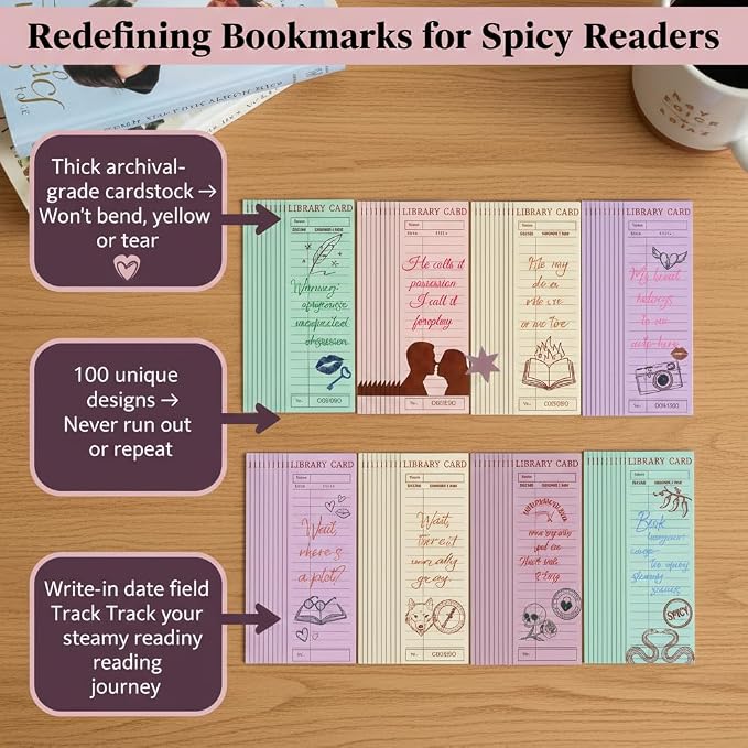 Library Card Bookmark 100PCS Bulk Bookmarks – Funny Reading Bookmarks for Romance Readers, Vintage Retro Book Club Bookmarks, Aesthetic Paper Bookmarks for Book Lovers, Cardstock Bookmark Set