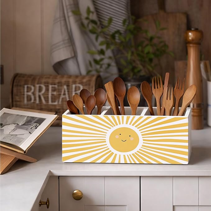 Cute Sun Desk Organizer, Wooden Pen Holder with Smiling Sun Design, Office Desk Accessories, Pencil Holder for Home, Study, School Supplies
