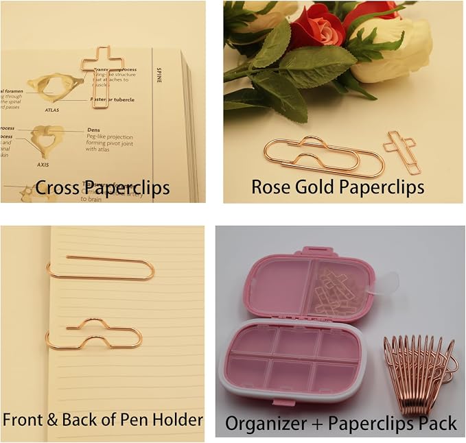 20pcs Metal Cross Paperclips & 10pcs Pen Holder Set Bible Rose Gold Decor | Rose gold Christian art decor with pink travel organizer, creative bookmarks for Bible journal, notebook, planner stationery