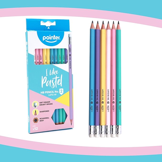 Pointer Pastel HB Pencils with Soft Eraser, Hexagonal Body, Pre-Sharpened, Assorted Colors, 12 Count