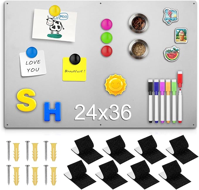 24" x 36" Magnetic Board, Silver Magnet Bulletin Board to Display Magnetic Letters, Metal Board for Wall, Refrigerator Photo, with Dual Lock Tape and Screws, Marker Pen