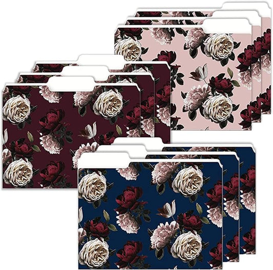 9 Decorative File Folders for Women – Navy Moody Flowers Cute Design - Colored File Folder Letter Size 1/3 Cut Tabs - Office Supplies Organizers - 9.75" x 11.5"