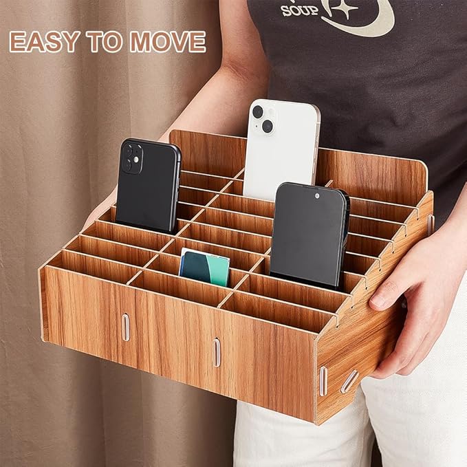 BENECREAT 24-Grid Wooden Cell Phone Storage Box, Mobile Phone Management Storage Box Desktop Organizer for Office and School Supplies, Teak Wood Color