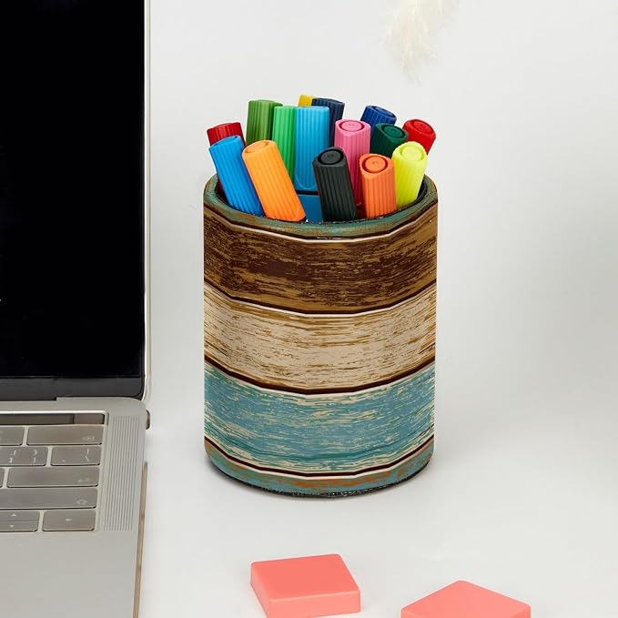 Pencil Holder, Retro Rustic Barn Wood&Teal Green Brown Pen Holder for Desk Leather Pencil Organizer Makeup Brush Cup Multifunctional Desk Organizer Office Supplies for Home School