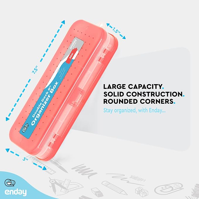 Enday Pencil Box Red, Plastic Double Deck Pencil Case with 7 Compartments, Box Organizer with Snap Closure for Home and Office