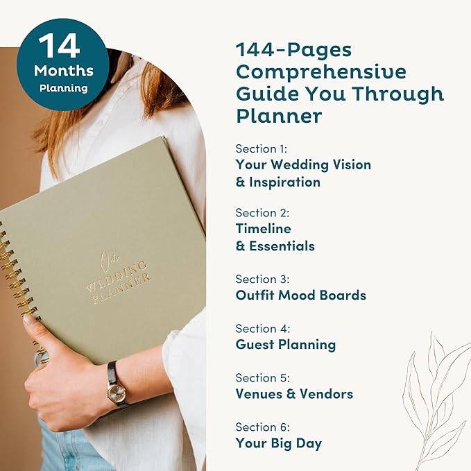 Timeless Premium Linen Wedding Planner Book and Organizer – Wedding Planning Book, Comprehensive Keepsake & Countdown Binder, Perfect Engagement Gift for Women, 11" x 9" (Sage)