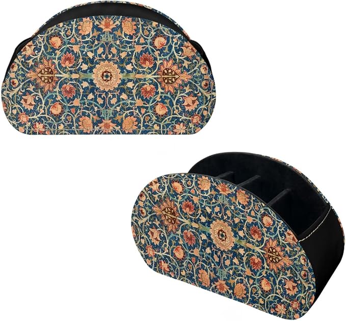 William Morris Fruit Print TV Remote Control Organizer PU Leather Desktop Storage Box,Table Caddy,Desktop Storage for Media Players/Controllers/Eyeglasses/Makeup Brushes/Pens