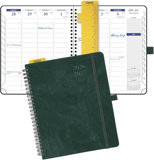POPRUN 2026-2027 Planner Weekly and Monthly, 7" x 8.5", July 2026 to June 2027, Spiral Bound Notebook with Half Hourly Time Slots, Vertical Layout, Leather Soft Cover, Notes Pages, Pen Loop - Black Green