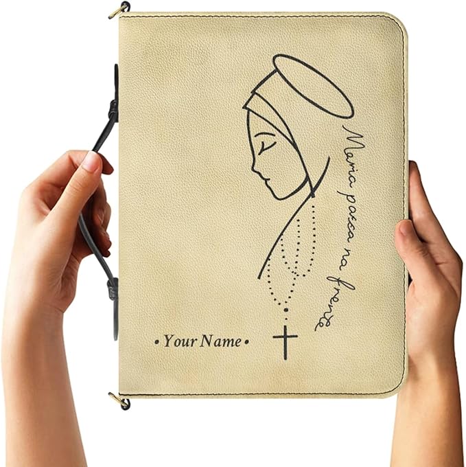 Personalized Bible Cover with Name, Our Lady of Guadalupe Design Custom Bible Case with Strap and Handle, Vegan Bible Cover Case with Inner Pockets and Pen Loop, Bible Study Supplies, L