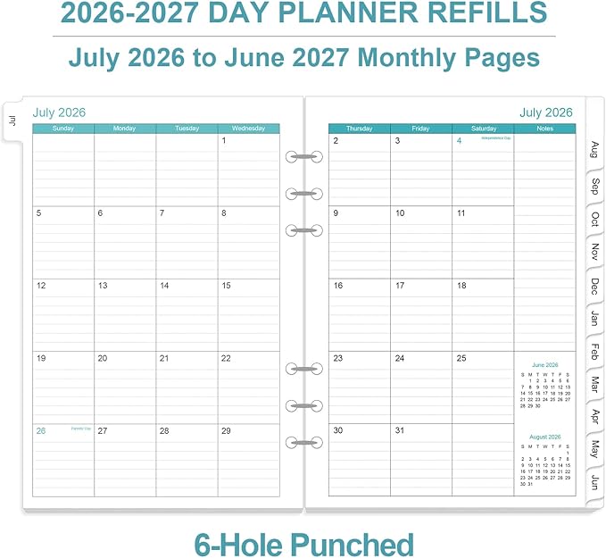 2026-2027 Planner Refills for A5 Binder - One Page Per Day Daily ＆ Monthly Planner, July 2026 - June 2027, Prioritized, To-Do List, Notes, Appointment Schedule, 6-Hole Punched, 5.8" x 8.3"